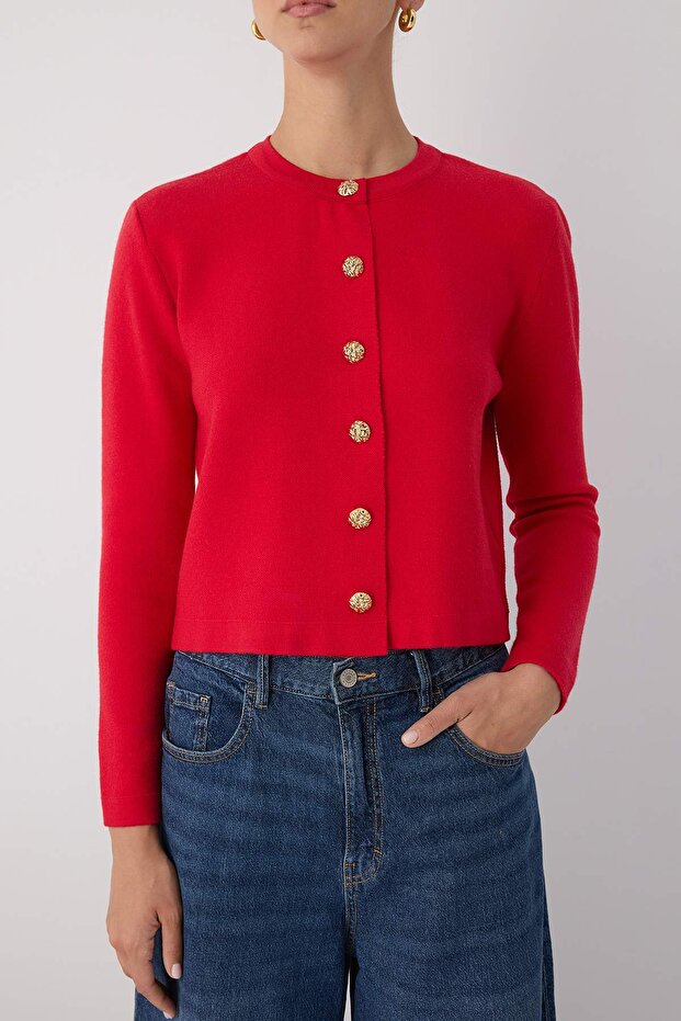 Wardrobe Essentials Kırmızı Düz Düğme Detaylı Crop Premium/Özel İplik Triko Hırka | TWOAW26HI00094 - 3