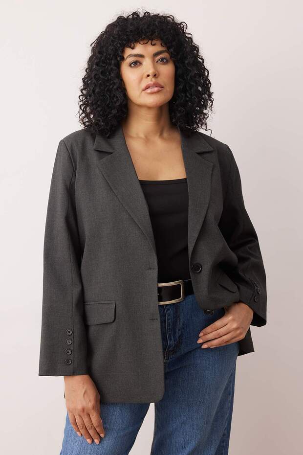Antrasit Premium Oversize/Bol Kesim Astarlı Dokuma Blazer Ceket TBBAW26AG00007 - 1