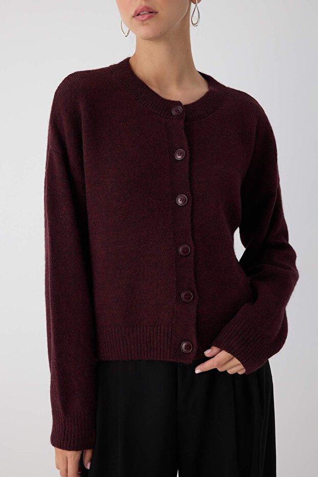 Wardrobe Essentials Bordo Alpaka Yünü Karışımlı Geniş Kalıp Triko Hırka | TWOAW26HI00089 - 3