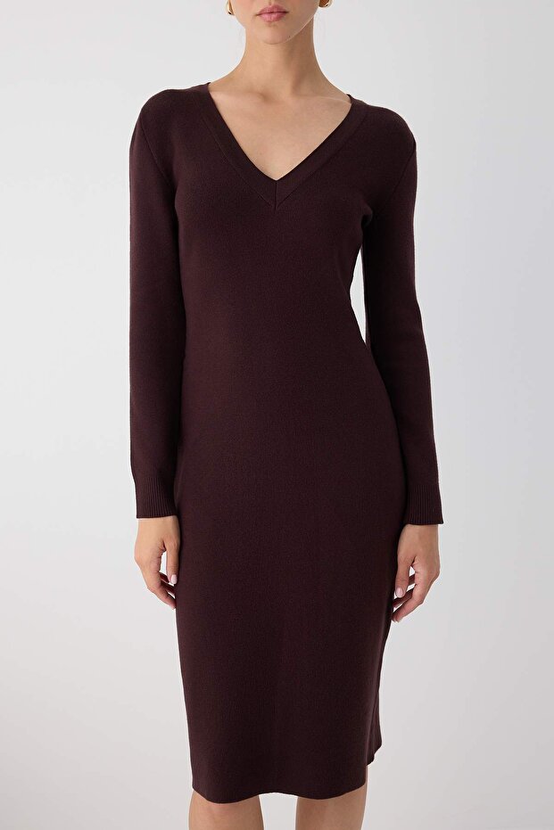 Wardrobe Essentials Kahverengi Premium/Özel İplikli Midi Triko Elbise | TWOAW26EL00007 - 3