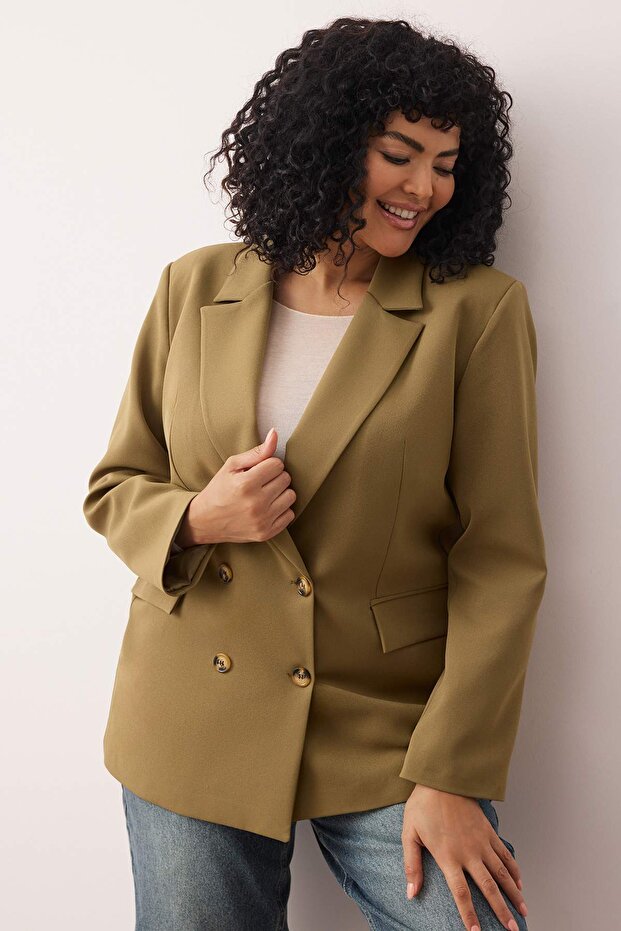 Haki Oversize/Bol Kesim Astarlı Düğmeli Dokuma Büyük Beden Blazer Ceket TBBAW26AG00006 - 3