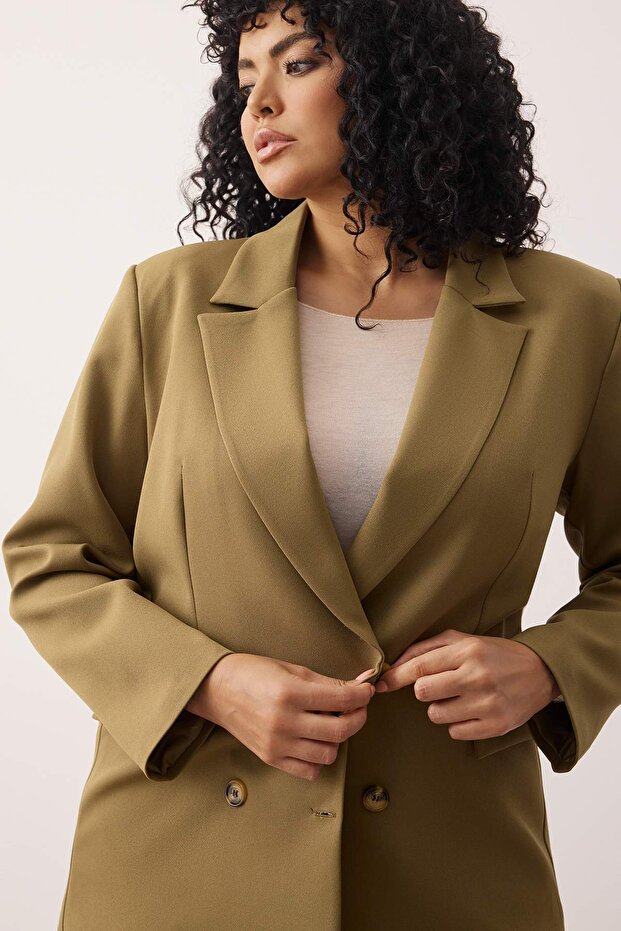Haki Oversize/Bol Kesim Astarlı Düğmeli Dokuma Büyük Beden Blazer Ceket TBBAW26AG00006 - 2