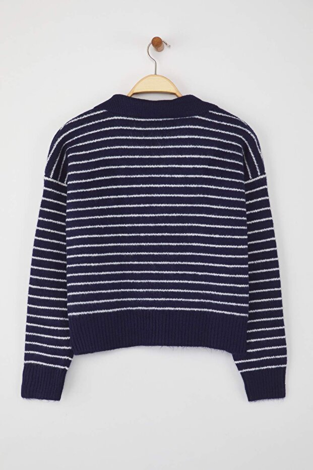 Wardrobe Essentials Lacivert*001 Yumuşak Dokulu Çizgili Geniş Kalıp Basic Triko Kazak TWOAW26KZ00087 - 6