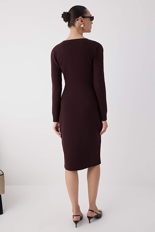 Wardrobe Essentials Kahverengi Premium/Özel İplikli Midi Triko Elbise | TWOAW26EL00007 - 4