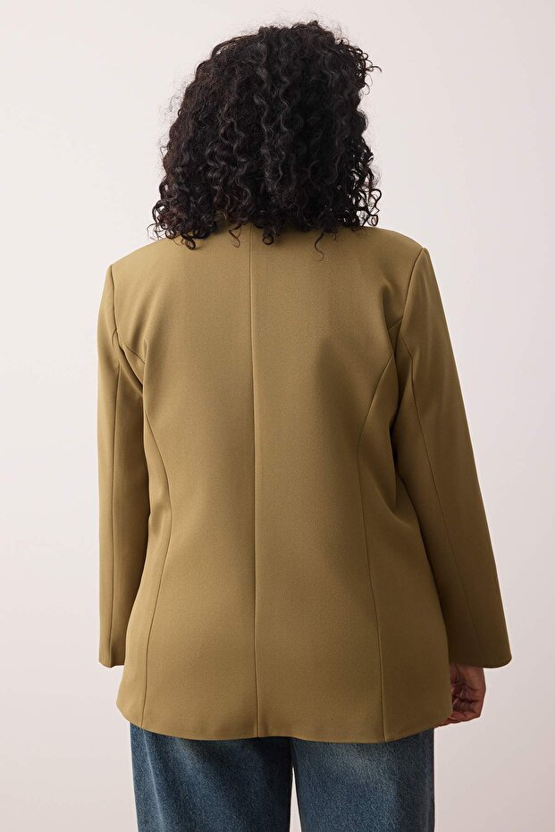 Haki Oversize/Bol Kesim Astarlı Düğmeli Dokuma Büyük Beden Blazer Ceket TBBAW26AG00006 - 4