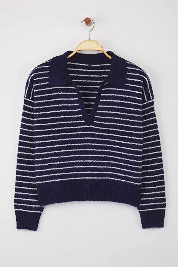 Wardrobe Essentials Lacivert*001 Yumuşak Dokulu Çizgili Geniş Kalıp Basic Triko Kazak TWOAW26KZ00087 - 5