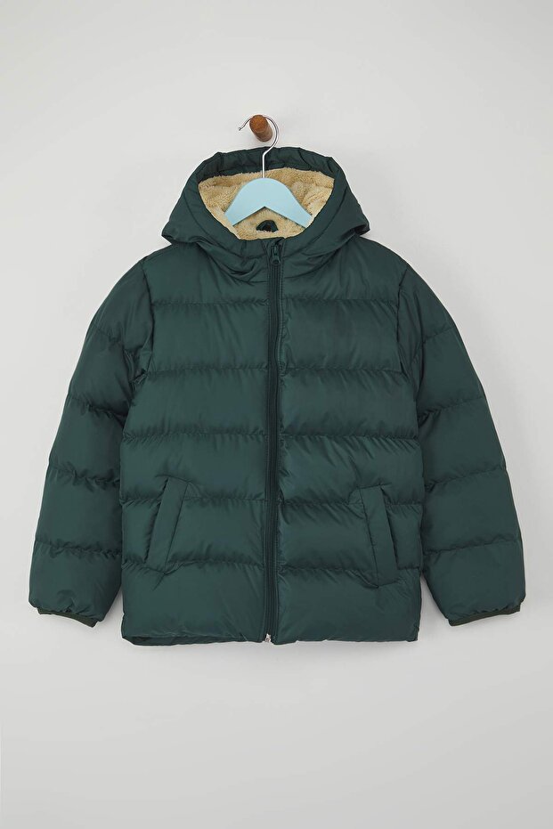Yeşil Düz/Basic Kalın Kapüşonlu Regular Unisex Çocuk Mont TKDAW26MO00008 - 1