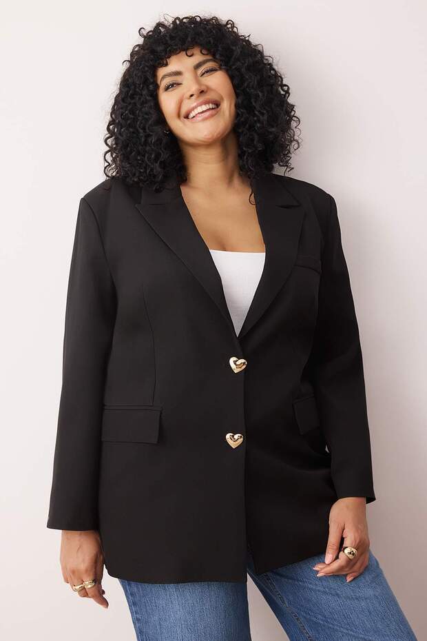 Czarny oversize/luźny krój z guzikami Tkanina Duży rozmiar Marynarka TBBAW26AG00008 - 2