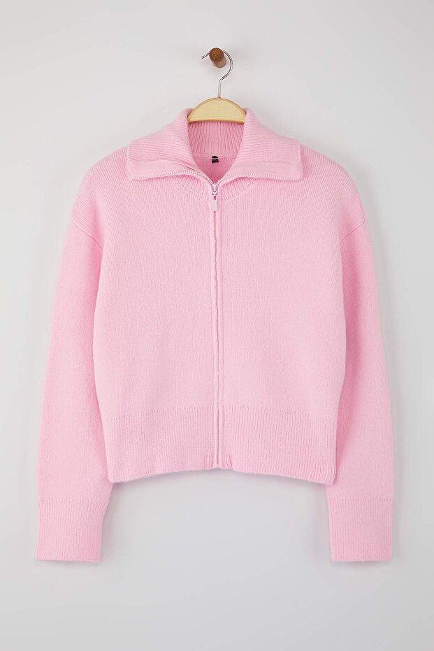 Wardrobe Essentials Pembe Yumuşak Dokulu Geniş Kalıp Fermuarlı Triko Hırka | TWOAW26HI00092 - 5