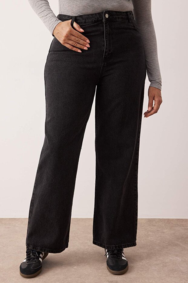 Antracytowa szeroka sukienka przeciwdeszczowa Plus Size szerokie nogawki jeansy TBBSS22JE0211 - 3