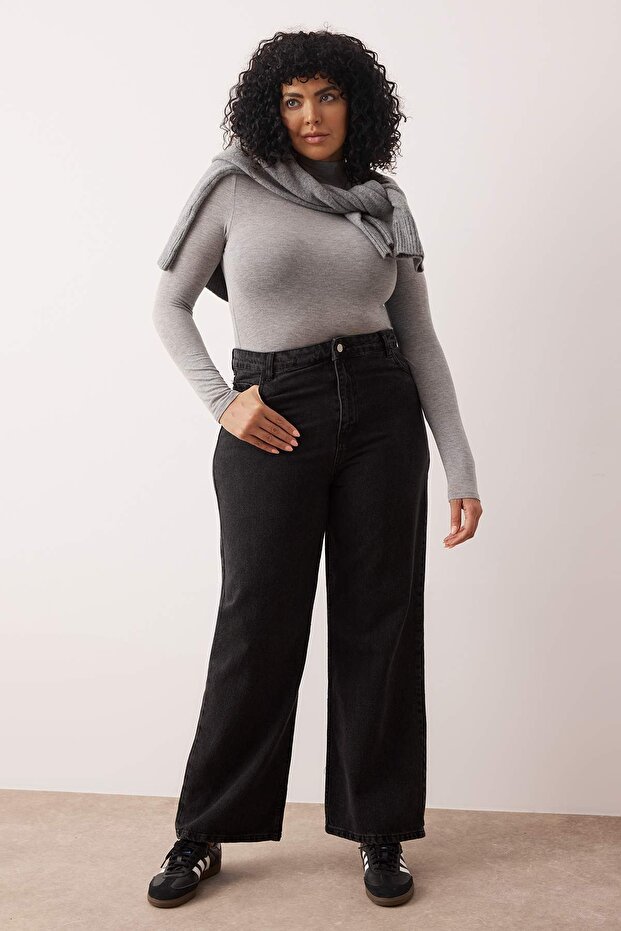 Antracytowa szeroka sukienka przeciwdeszczowa Plus Size szerokie nogawki jeansy TBBSS22JE0211 - 1