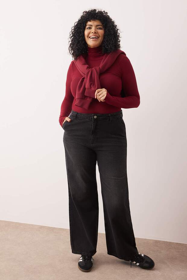 Antrasit Yüksek Bel Geniş Paça/Wide Leg Comfort/Orta Esnek Büyük Beden Jeans TBBSS24CJ00048 - 1