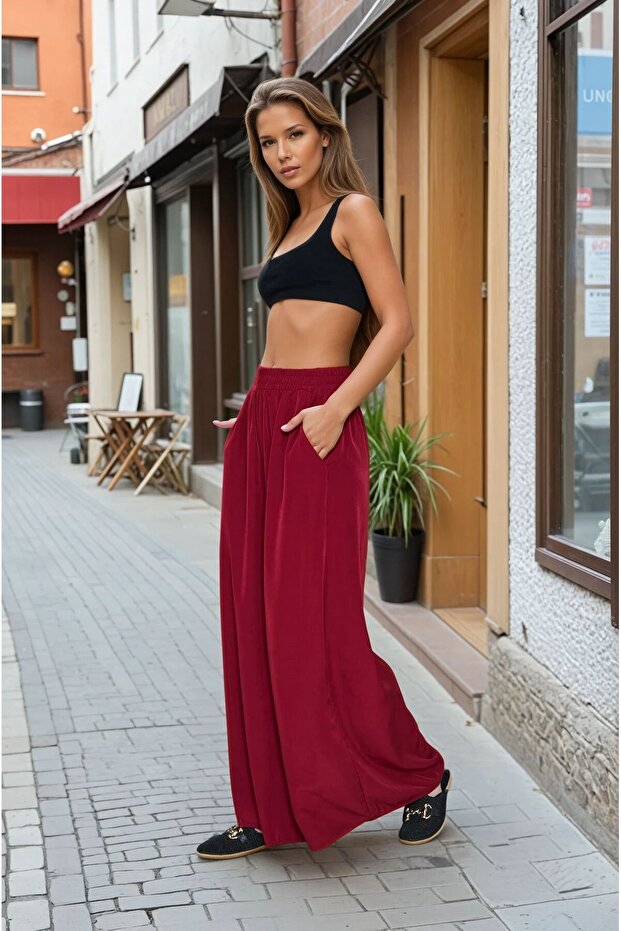 Women's Elastic Waist Pocketed Wide-Leg Casual Oversized Soft-Textured Comfortable Claret Red Trousers 700-3391341
