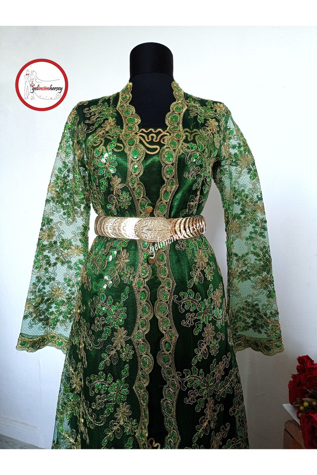 Yeşil Tel Kırma Model Kemerli Elbiseli Kaftan Bindallı - 2