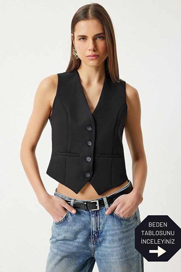 Women's Black V-Neck Buttoned Woven Vest