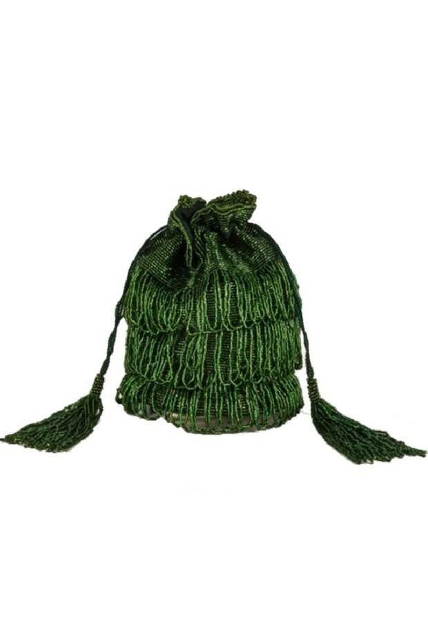 Tassel Hand Embellished Fringe Bucket Bag in Green