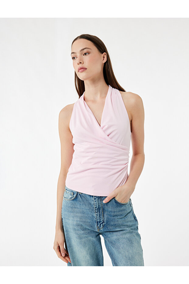Double Breasted Collar Sleeveless Blouse with Drape Detail