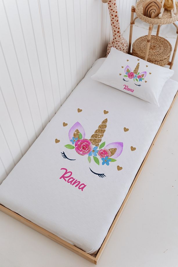İsme Özel %100 Pamuk Bebek Ve Çocuk Tek Kişilik 165 X 225 Cm Pike Takımı Unicorn - 1