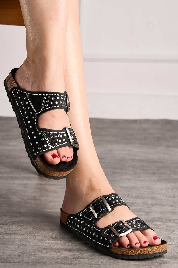 Daily Women's Black Slippers Double Buckle Bead Detailed Soft Orthopedic Cork Sole Shoes 114