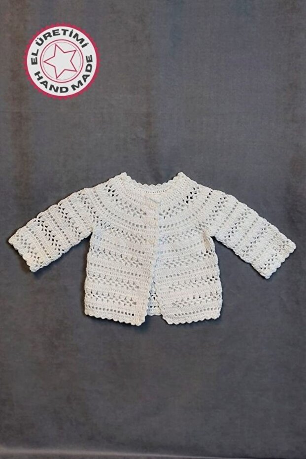 - Talia 8659 2842 Hand Knitted Cotton Thread Girl's White Cardigan - 9 / 12 Months