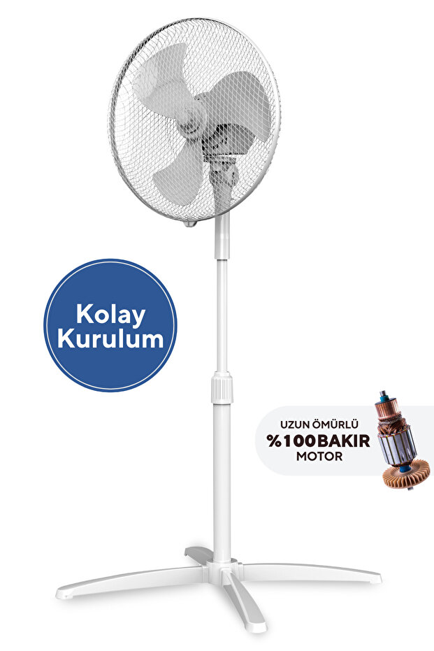 KUMTEL KTF-290 Beyaz 16 İnç Ayaklı Vantilatör 40 W,3 Kanatlı, 3 Pervaneli, 120 cm Ayarlanabilir Yükseklik