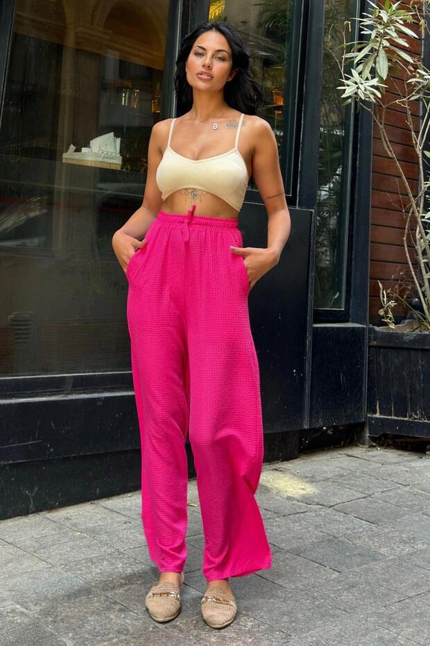 Fuchsia Seersucker Elastic Waist Trousers