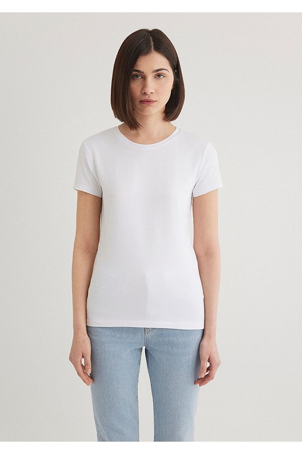 Stretch Beyaz Basic Tişört Fitted / Vücuda Oturan Kesim 162767-620 - 3