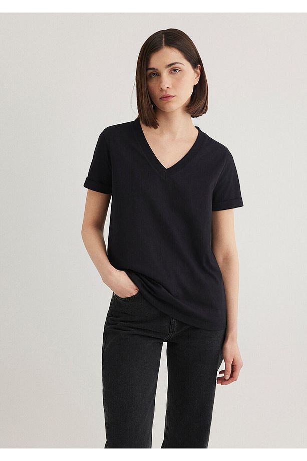 V Yaka Siyah Basic Tişört Regular Fit / Normal Kesim 166248-900 - 2