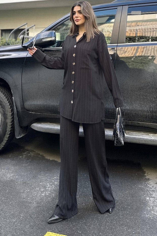 Women's Black Seersucker Fabric, Double Pocket Shirt & Wide Leg Pants - Loose Bottom & Top Set