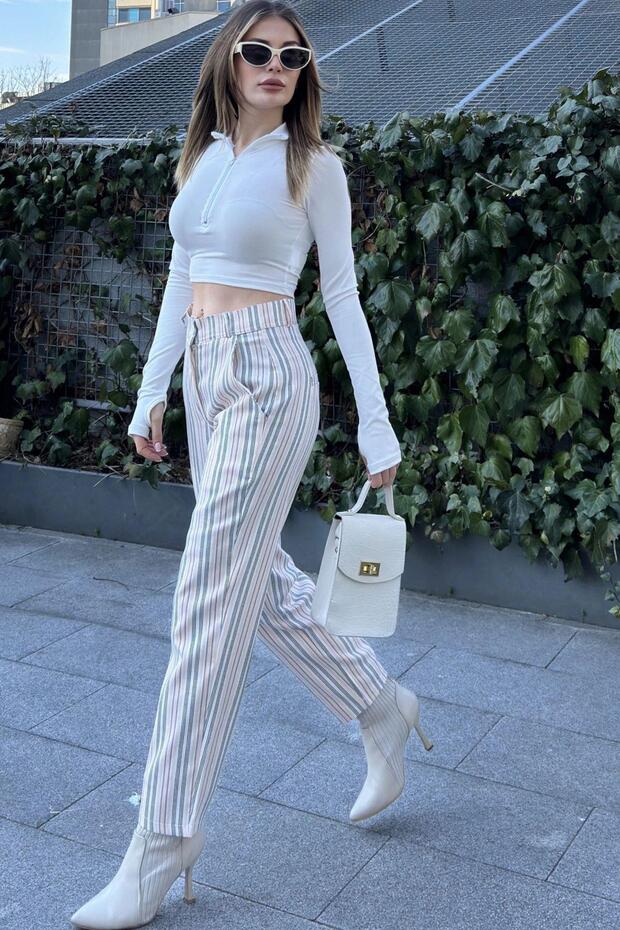 Women's Powder & Ecru Striped, High Waist, Classic Cut, Pipe Leg Trousers