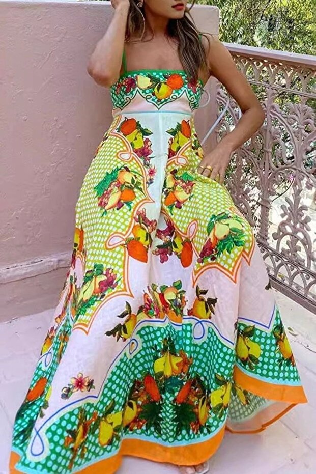 فستان منقوش بياقة مربعة - 1