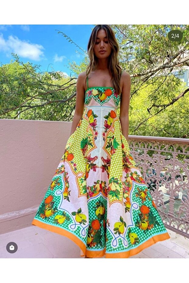 فستان منقوش بياقة مربعة - 2