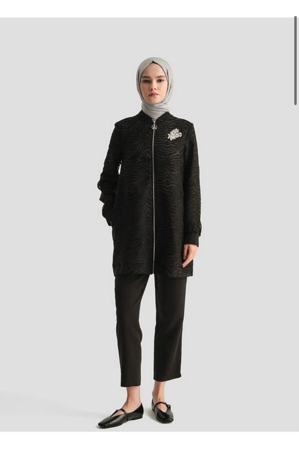 Fermuarlı Bronş Taşlı Astarlı Tunik - 5