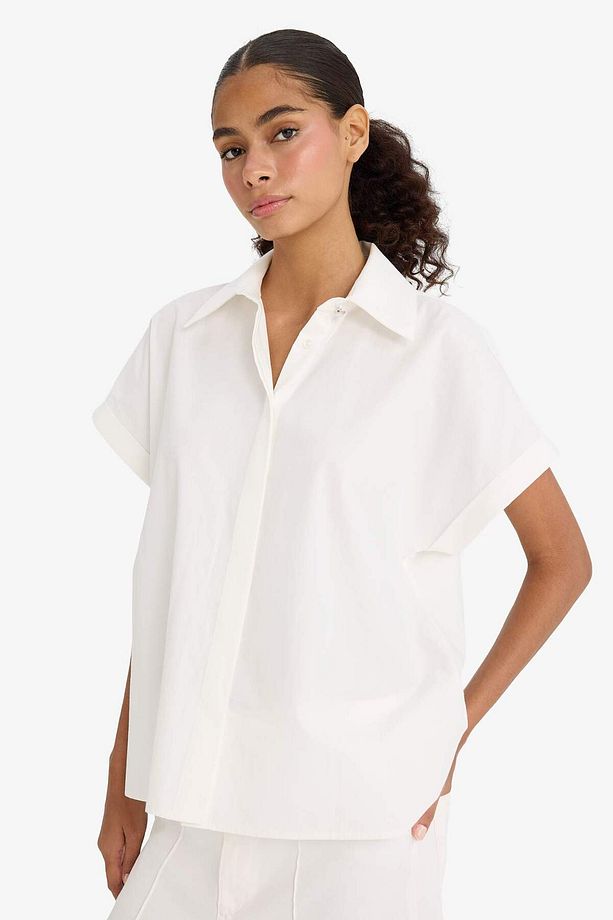 Regular Fit Gömlek Yaka Poplin Kısa Kollu Gömlek F9141AX25WN - 4