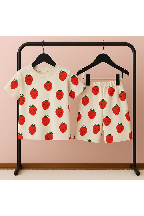 Gülümseyen Çilek Desenli Pamuklu Kız Çocuk Kısa Kollu Şort Pijama Takımı - 2