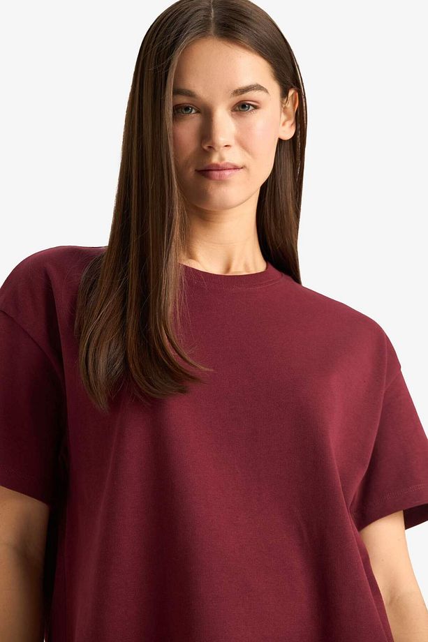 Oversize Geniş Kalıp Bisiklet Yaka Basic Düz Bordo Kısa Kollu Tişört E4935AX25AU - 3