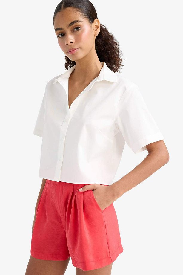 Regular Fit Poplin Kısa Kollu Beyaz Gömlek F8580AX25SM - 3