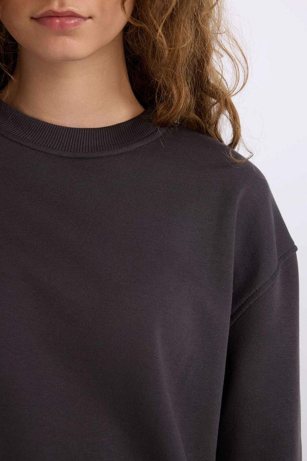 Oversize Geniş Kalıp Bisiklet Yaka Basic Düz Kalın Sweatshirt E3859AX24WN - 5