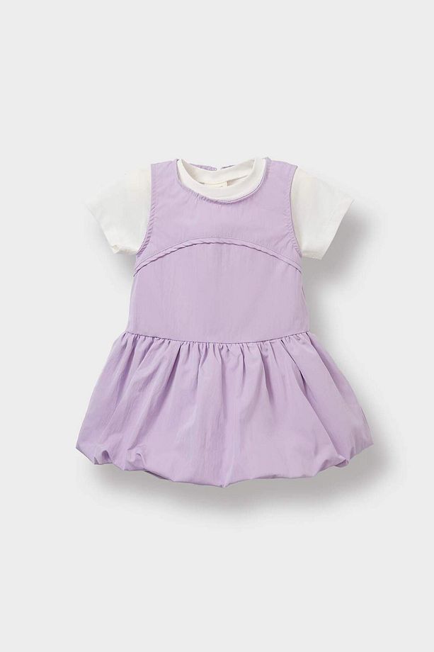 Kız Bebek 2'li Takım Basic Düz Kısa Kollu Tişört Paraşüt Elbise F8274A525SM - 1