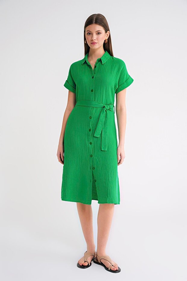 3972 Women's Belted Short Sleeve Shirt Collar Midi Dress Green