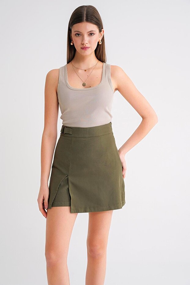 4565 Women's Slit Buckle Detailed Linen Skirt Khaki