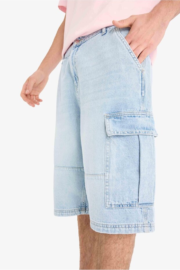 %100 Pamuk Kargo Fit Jean Bermuda Şort F4219AX25SM - 5