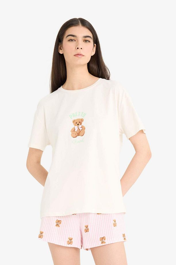 Pijama Takımı Kısa Kollu Baskılı Üst Esnek Belli Şort-Fall in Love F1623AX25SM - 3