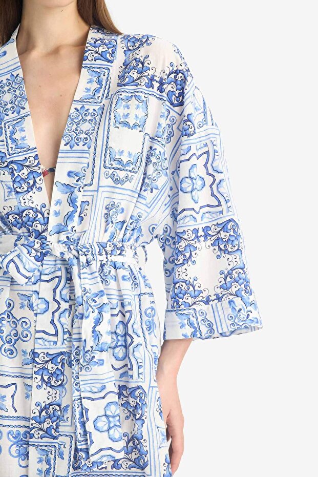 Regular Fit Desenli Kuşaklı Pamuklu Kimono-Fall in Love D0453AX25SP - 7
