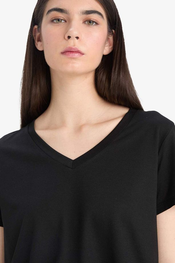 Regular Fit V Yaka Basic Düz Kısa Kollu Tişört F4214AXNS - 4