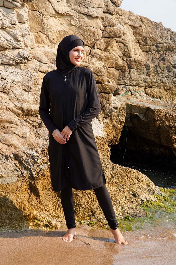 Kadın Kolları ve Taytı Likralı ve Gövdesi Paraşüt Tesettür Mayo Siyah - 4