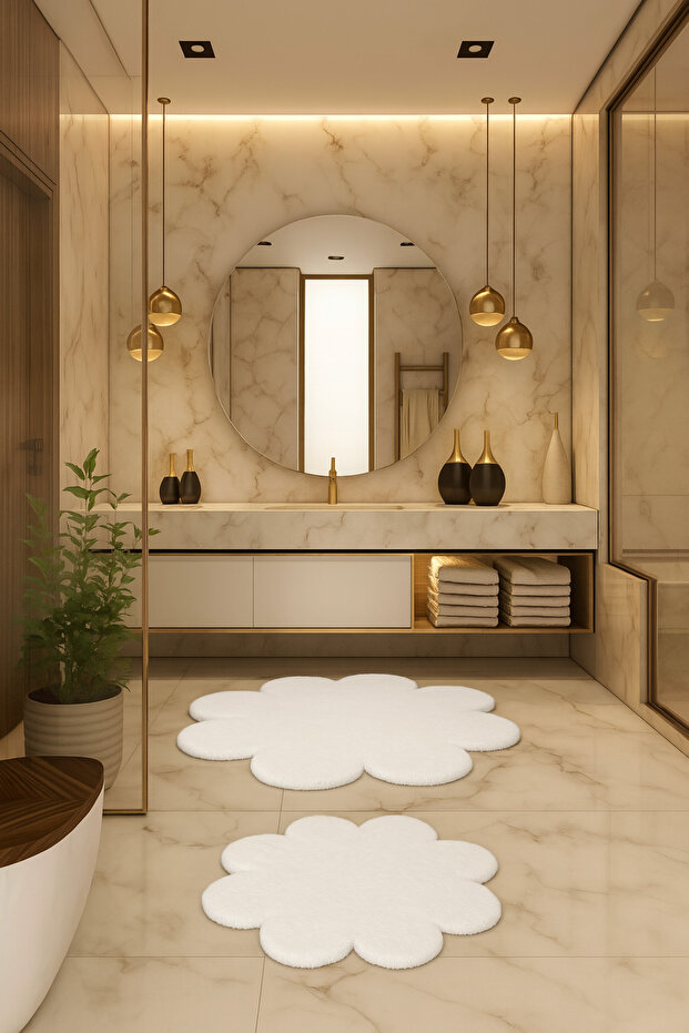 Modern Decorative Non-Slip Base Daisy Shaped Bathroom Mat Toilet Seat Set 80X80-60X60 cm