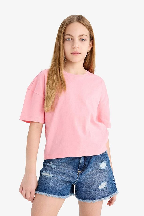 Kız Çocuk Relax Fit Bisiklet Yaka Basic Düz Kısa Kollu Tişört Z5095A625SM - 3