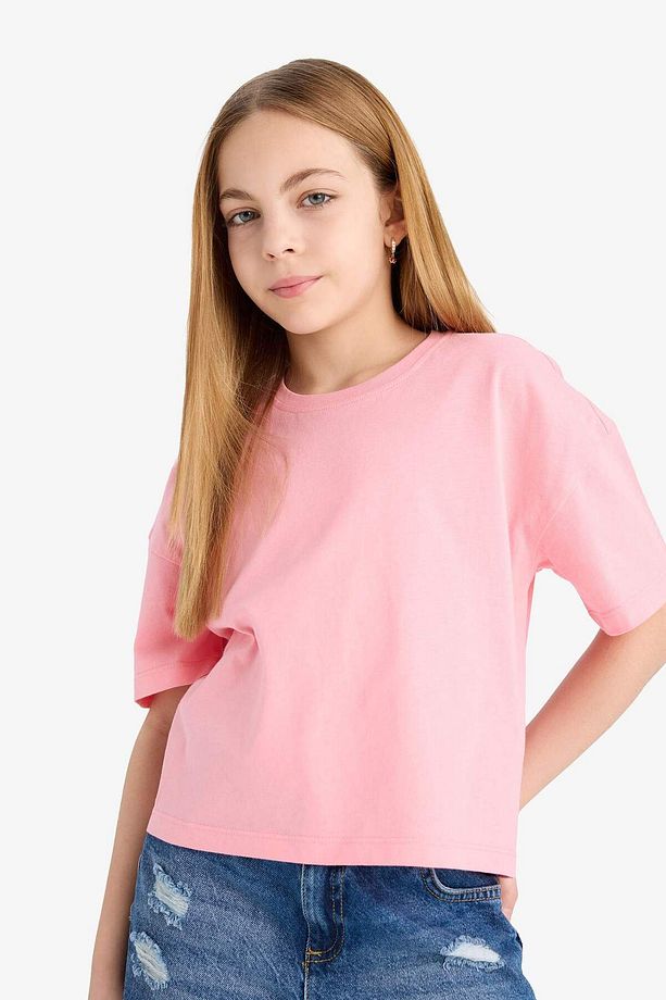 Kız Çocuk Relax Fit Bisiklet Yaka Basic Düz Kısa Kollu Tişört Z5095A625SM - 4