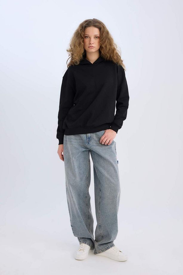 Loose Fit Kapüşonlu Basic Düz Kalın Sweatshirt E3862AX24WN - 2
